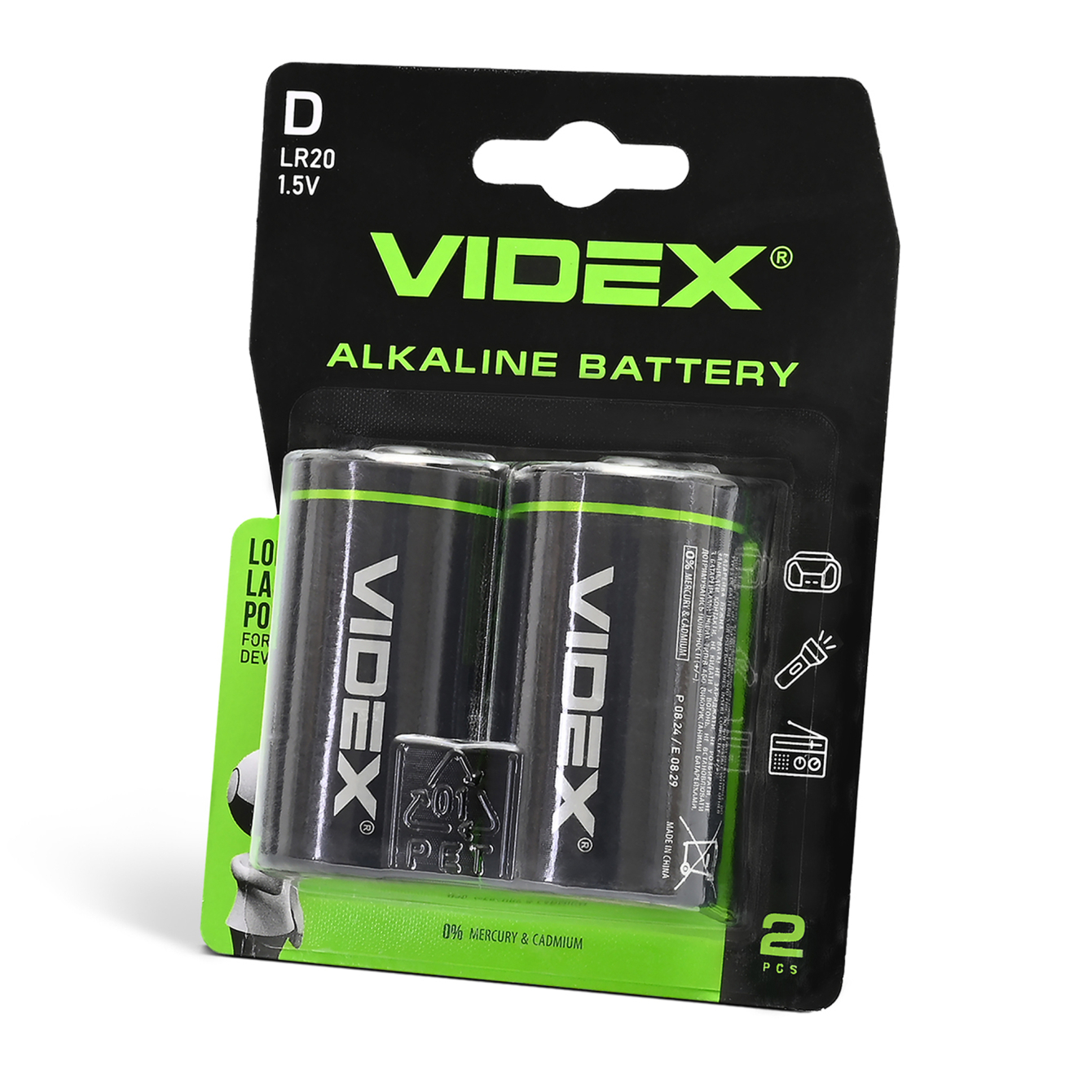 Лужна батарейка VIDEX LR20/D, 1,5 В, 15200 мА·год